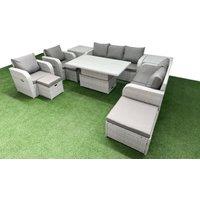 Fimous PE Rattan Garden Furniture Set Reclining Chair Sofa Double Love Seat 2 Seater Sofa Lounge Set Adjustable Lifting Dining or Coffee Table 3