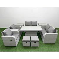 Fimous 8 Seater Outdoor Reclining Chair Love Sofa Set Rattan Garden Furniture Set w/ Adjustable Lifting Dining or Coffee Table 2 Stools 2 Side Table