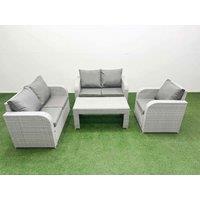 Fimous High Back Poly Rattan Garden Furniture Set with Reclining Chair Loveseat Sofa Oblong Coffee Table Indoor Outdoor Patio Set Light Grey