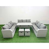 Fimous PE Rattan Lounge Sofa Set 11 Seater Outdoor Garden Furniture Set with Rectangular Dining Table 3 Seater Sofa 2 Stools Light Grey
