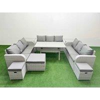 Fimous PE Rattan Lounge Sofa Set 12 Seater Outdoor Garden Furniture Set with Rectangular Dining Table 3 Seater Sofa 3 Stools 2 Side Table Light Grey