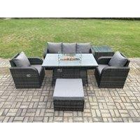 Fimous Patio Outdoor Rattan Garden Furniture Set Propane Gas Fire Pit Table Burner with Lounge Sofa Side Table Footstool in Dark Grey