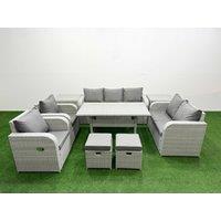 Fimous PE Rattan Garden Furniture Set Reclining Chair Sofa Double Love Seat 2 Seater Sofa Lounge Set Rectangular Dining Table 2 Stools 2 Side Table