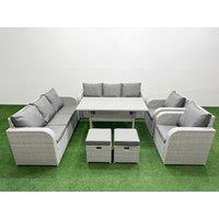 Fimous PE Rattan High Back Lounge Sofa Set Patio Rectangular Dining Table & Chairs Set with 3 Seater Sofa Reclining Chair Stools Light Grey