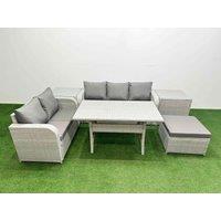 Fimous 6 Seater PE Rattan Wicker Garden Furniture Patio Conservatory Sofa Set w/ Rectangular Dining Table 3 Seater Sofa Love Sofa Big Footstool 2