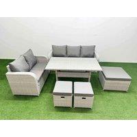Fimous 8 Seater PE Rattan Wicker Garden Furniture Patio Conservatory Sofa Set with Rectangular Dining Table 3 Seater Sofa Love Sofa 3 Stool