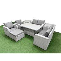 Fimous 7 Seater Outdoor Reclining Chair Love Sofa Set Rattan Garden Furniture Set w/ Adjustable Lifting Dining or Coffee Table Footstool 2 Side