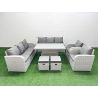 Fimous PE Rattan High Back Lounge Sofa Set Patio Adjustable Lifting Dining or Coffee Table & Chairs Set w/ 3 Seater Sofa Reclining Chair Stools Light