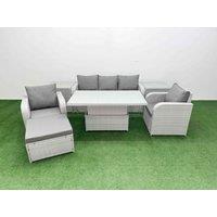 Fimous PE Rattan Garden Furniture Set Reclining Chair Sofa Lounge Sofa Set Adjustable Lifting Dining or Coffee Table 2 Side Table Big Footstool Light