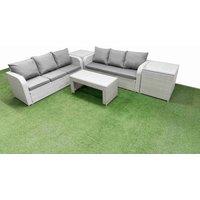 Fimous Outdoor Garden Furniture Sets 6 Seater Wicker Rattan Furniture Sofa Sets with Oblong Coffee Table high Back Lounge Sofa 2 Side Table Light Grey