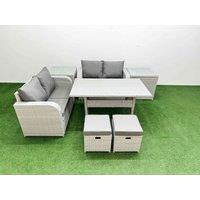 Fimous 6 Seater Outdoor Love Sofa Set Rattan Garden Furniture Set with Rectangular Dining Table 2 Small Stools 2 Side Tables Light Grey
