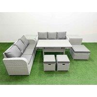 Fimous Outdoor Garden Furniture Sets 9 Seater Wicker Rattan Furniture Sofa Sets w/ Rectangular Dining Table high Back Lounge Sofa 3 Stools 2 Side