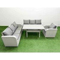 Fimous 7 Seater Poly Rattan Outdoor Garden Furniture Rectangular Dining Table Sofa Set Patio 3 Seater Sofa Reclining Chair 3 Seater Sofa Light Grey