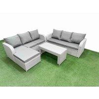 Fimous Outdoor Garden Furniture Sets 7 Seater Wicker Rattan Furniture Sofa Sets w/ Oblong Coffee Table high Back Lounge Sofa Big Footstool Light Grey