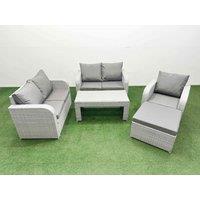 Fimous High Back Poly Rattan Garden Furniture Set with Reclining Chair Loveseat Sofa Oblong Coffee Table Indoor Outdoor Patio Set Big Stool Light Grey