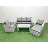 Fimous PE Rattan Garden Furniture Set Reclining Chair Sofa Lounge Sofa Set Rectangular Coffee Table Big Footstool Light Grey