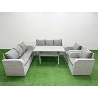 Fimous PE Rattan High Back Lounge Sofa Set Patio Rectangular Dining Table & Chairs Set with 3 Seater Sofa Reclining Chair Side Table Light Grey