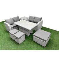 Fimous 7 Seater Outdoor Love Sofa Set Rattan Garden Furniture Set with Adjustable Lifting Dining or Coffee Table 3 Footstool Side Table Light Grey