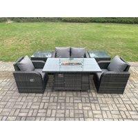 Fimous Rattan Outdoor Garden Furniture Set Gas Fire Pit Dining Table with 2 Side Tables Chair Loveseat Sofa in Dark Grey