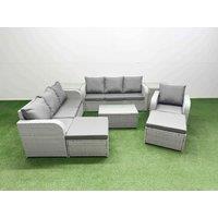 Fimous 9 Seater Poly Rattan Outdoor Garden Furniture Sofa Set Patio 3 Seater Sofa Reclining Chair 3 Seater Sofa 2 Big Footstools 2 Side Table Light