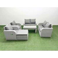 Fimous 7 Seater Outdoor Reclining Chair Love Sofa Set Rattan Garden Furniture Set with Oblong Coffee Table Footstool Light Grey