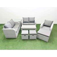 Fimous High Back Poly Rattan Garden Furniture Set w/ Reclining Chair Loveseat Sofa Oblong Coffee Table Indoor Outdoor Patio Set 3 Stools Side Table