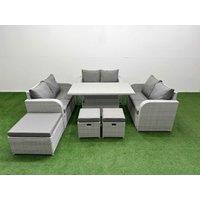 Fimous 9 Seater PE Wicker Rattan Furniture Sofa Sets with Adjustable Lifting Dining or Coffee Table 2 Seater Love Sofa 3 Stool Light Grey