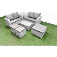 Fimous 7 Seater Outdoor Love Sofa Set Rattan Garden Furniture Set with Rectangular Coffee Table 3 Footstool Side Table Light Grey