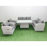Fimous PE Rattan Garden Furniture Set Reclining Chair Sofa Double Love Seat 2 Seater Sofa Lounge Set Adjustable Lifting Dining or Coffee Table Light
