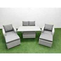 Fimous Light Grey PE Wicker Rattan Garden Furniture Set Sofa Set Reclining Chair Adjustable Lifting Dining or Coffee Table 6 Seater 2 Big Stools