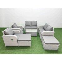 Fimous 8 Seater Outdoor Reclining Chair Love Sofa Set Rattan Garden Furniture Set with Rectangular Coffee Table 2 Big FootStools Light Grey