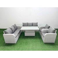 Fimous PE Rattan High Back Lounge Sofa Set Patio Adjustable Lifting Dining or Coffee Table & Chairs Set w/ 3 Seater Sofa Reclining Chair Side Table