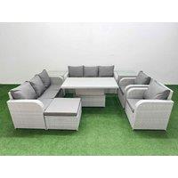 Fimous PE Rattan High Back Lounge Sofa Set Patio Adjustable Lifting Dining or Coffee Table & Chairs Set w/ 3 Seater Sofa Reclining Chair Big