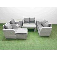 Fimous 7 Seater Outdoor Reclining Chair Love Sofa Set Rattan Garden Furniture Set with Oblong Coffee Table Footstool 2 Side Tables Light Grey