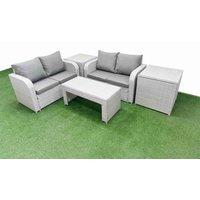 Fimous 4 Seater Outdoor Love Sofa Set Rattan Garden Furniture Set with Oblong Coffee Table 2 Side Tables Light Grey