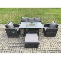 Fimous Patio Outdoor Rattan Garden Furniture Set Propane Gas Fire Pit Table Burner with Lounge Sofa Footstool in Dark Grey