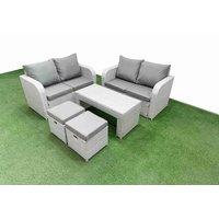 Fimous 6 Seater Outdoor Love Sofa Set Rattan Garden Furniture Set with Oblong Coffee Table 2 Small Stools Light Grey
