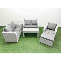 Fimous High Back Poly Rattan Garden Furniture Set w/ Reclining Chair Loveseat Sofa Oblong Coffee Table Indoor Outdoor Patio Set Big Stool Side Table