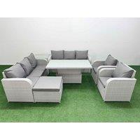 Fimous PE Rattan High Back Lounge Sofa Set Patio Adjustable Lifting Dining or Coffee Table & Chairs Set w/ 3 Seater Sofa Reclining Chair Big
