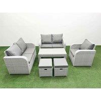 Fimous High Back Poly Rattan Garden Furniture Set with Reclining Chair Loveseat Sofa Oblong Coffee Table Indoor Outdoor Patio Set 2 Stool Light Grey