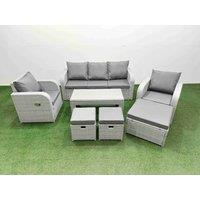 Fimous PE Rattan Garden Furniture Set Reclining Chair Sofa Lounge Sofa Set Rectangular Coffee Table 3 Stools Light Grey