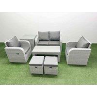 Fimous Light Grey PE Wicker Rattan Garden Furniture Set Sofa Set Reclining Adjustable Chair Oblong Coffee Table 6 Seater 2 Small Stools Side Table