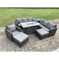 Fimous 9 Seater Wicker Rattan Garden Furniture Set Gas Fire Pit Dining Table Reclining Chair 3 Seater Sofa Set Indoor Outdoor with Side Table