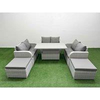 Fimous 8 Seater PE Wicker Rattan Furniture Sofa Sets with Adjustable Lifting Dining or Coffee Table 2 Seater Love Sofa 2 Big Footstool Light Grey