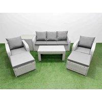 Fimous PE Rattan Garden Furniture Set Reclining Chair Sofa Lounge Sofa Set Rectangular Coffee Table Side Table 2 Big Footstool Light Grey