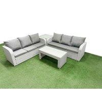 Fimous Outdoor Garden Furniture Sets 6 Seater Wicker Rattan Furniture Sofa Sets with Oblong Coffee Table high Back Lounge Sofa Side Table Light Grey