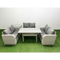Fimous 6 Seater PE Wicker Rattan Furniture Sofa Sets with Rectangular Dining Table 2 Seater Love Sofa Side Table Light Grey