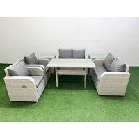 Fimous 6 Seater Outdoor Reclining Chair Love Sofa Set Rattan Garden Furniture Set with Rectangular Dining Table 2 Side Tables Light Grey