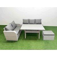 Fimous 6 Seater PE Rattan Wicker Garden Furniture Patio Conservatory Sofa Set with Rectangular Dining Table 3 Seater Sofa Love Sofa Big Footstool