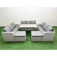 Fimous PE Rattan Lounge Sofa Set 11 Seater Outdoor Garden Furniture Set with Rectangular Dining Table 3 Seater Sofa 2 Big Footstools Light Grey